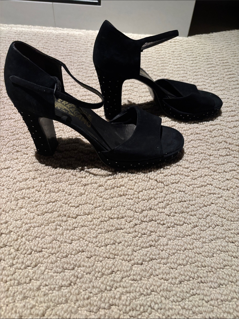 Salvatore Ferragamo Black Suede Studded Platform Heels